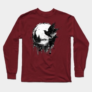 Monochrome Mystique: Ink Splatter Raven in Round Shadow Box Long Sleeve T-Shirt